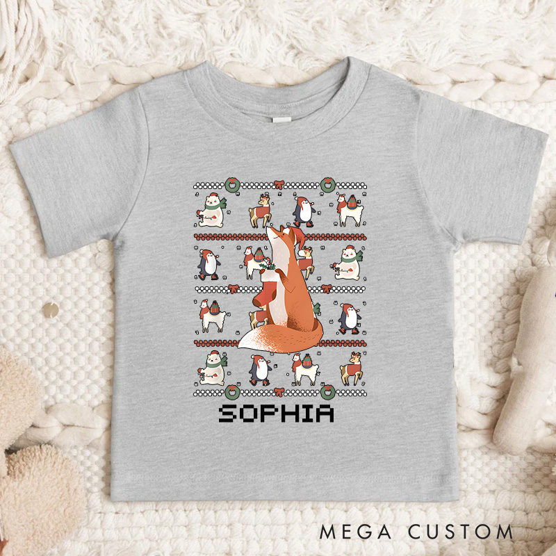 Personalized Reindeer with Snowman and Ugly Sweater Style Christmas Kids T-Shirt