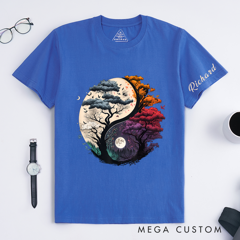 Personalized Yin Yang Tree T-Shirt Classic Custom Nature Art Unisex Gift Unique Day and Night Forest Tee for Men Women Couples Friends Family Birthday