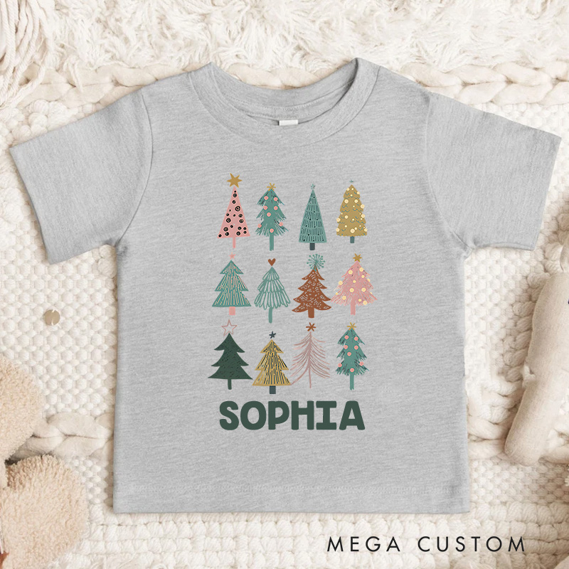 Personalized Patchwork Christmas Trees with Rustic Style Christmas Kids T-Shirt