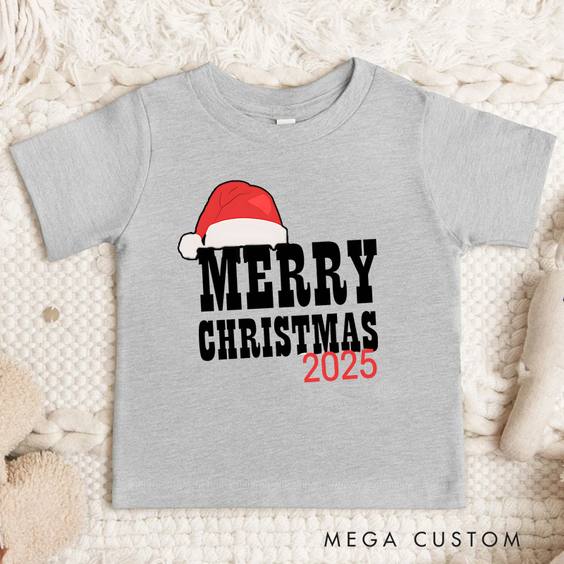 Personalized Merry Christmas with Santa Hat and Bold Text Christmas Kids T-Shirt