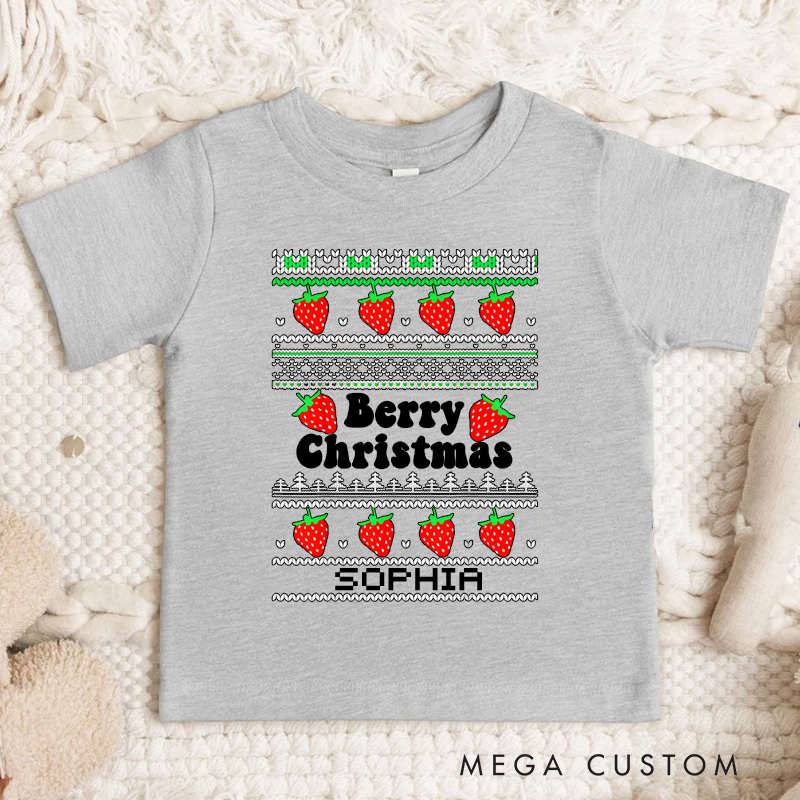 Personalized Berry Christmas with Festive Fruit and Patterns Christmas Kids T-Shirt