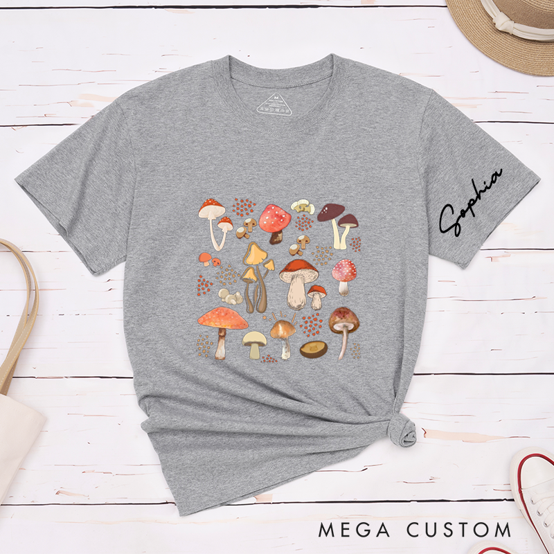 Personalized Mushroom T-Shirt Custom Name Gift for Nature Lovers Unique Fungi Art Classic Unisex Tee for Mushroom Enthusiasts Botanical Illustration