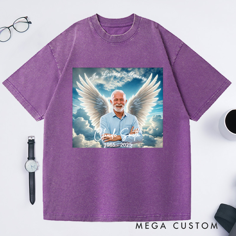 Personalized Memorial Washed T-Shirt Memorial Gift for Loss of Loved One In Loving Memory Gift Angel Wings Photo T-Shirt 