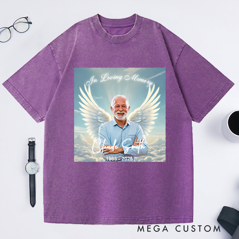 Personalized Memorial Photo Washed T-Shirt Memorial Gift for Loss of Grandfather Father and Loved One In Loving Memory Gift Angel Wings T-Shirt 