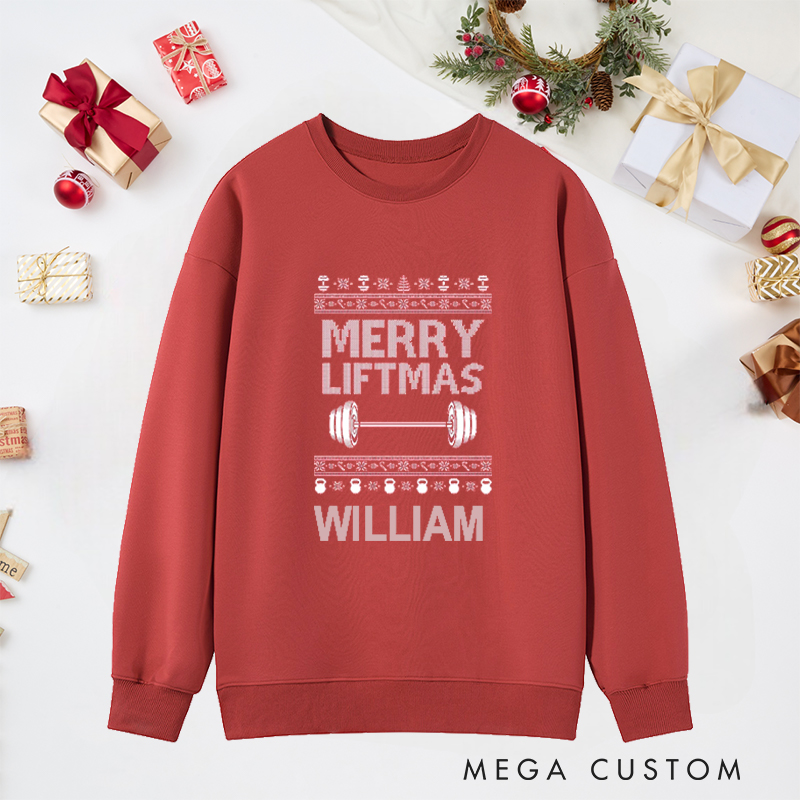 Personalized Christmas Classic Sweatshirts with Merry Liftma' Festive Barbell for Fitness Enthusiasts Bodybuilders and Gym Lovers