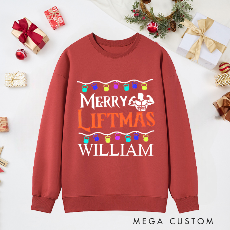 Personalized Christmas Classic Sweatshirts with Merry Liftmas Kettlebell Lights and Muscle for Fitness Enthusiasts Bodybuilders and Gym Lovers