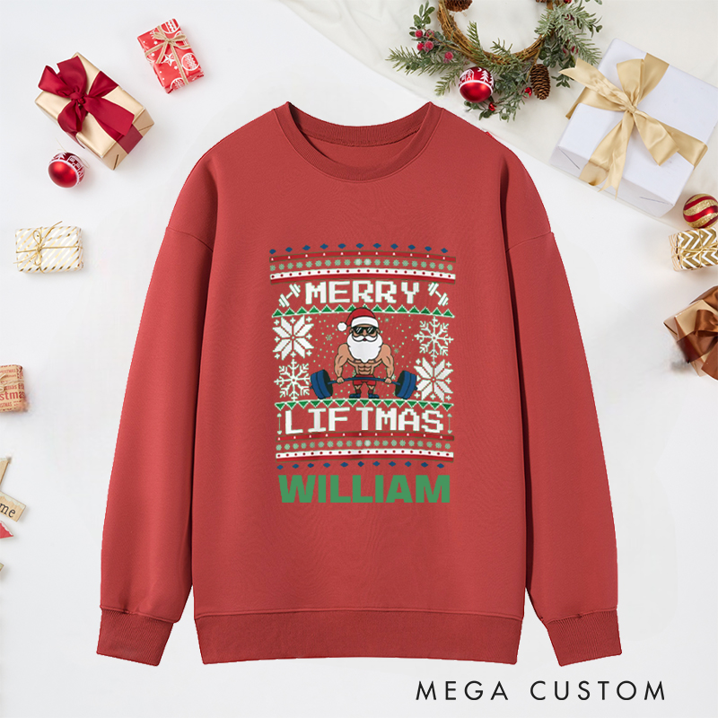 Personalized Christmas Classic Ugly Sweatshirts with Santa Lifting Weights for Fitness Enthusiasts Bodybuilders and Gym Lovers