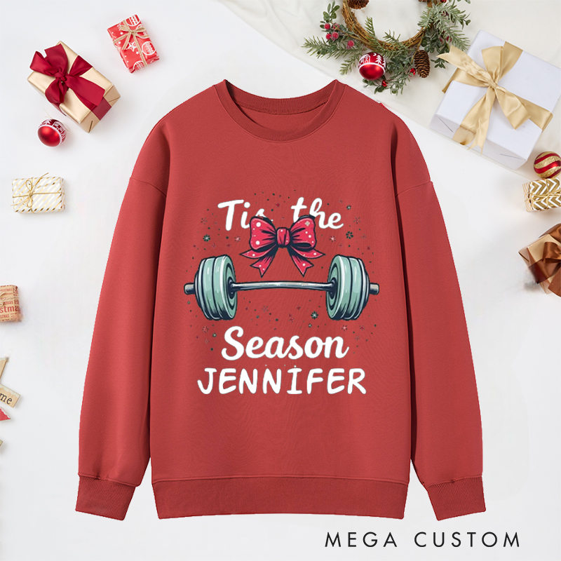 Personalized Christmas Classic Ugly Sweatshirts with Tis the Season Barbell and Bow for Fitness Enthusiasts Bodybuilders and Gym Lovers