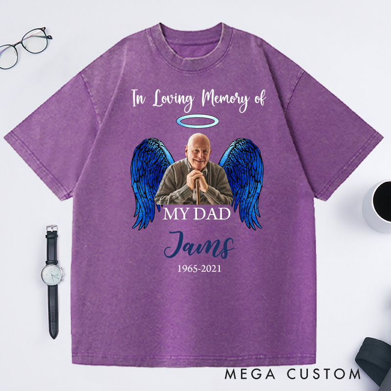Personalized Memorial Photo Washed T-Shirt Memorial Gift for Loss of Grandfather In Loving Memory Gift Angel Wings T-Shirt 