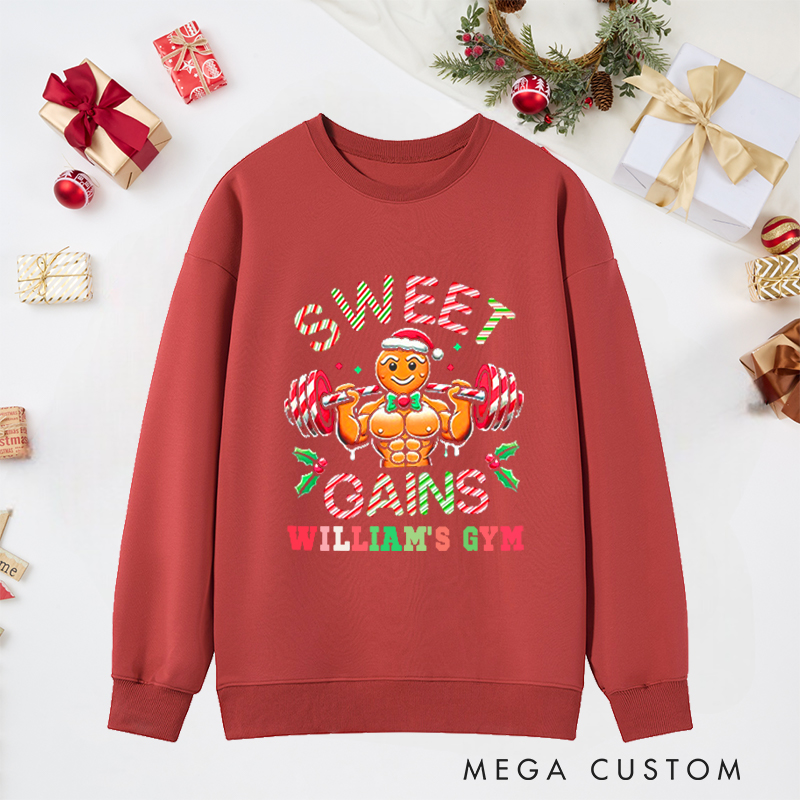 Personalized Christmas Classic Ugly Sweatshirts with Sweet Gains Gingerbread Man for Fitness Enthusiasts Bodybuilders and Gym Lovers