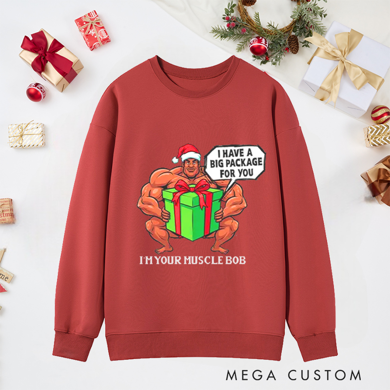 Personalized Christmas Classic Ugly Sweatshirts with Big Package Santa Bodybuilder for Fitness Enthusiasts Bodybuilders and Gym Lovers