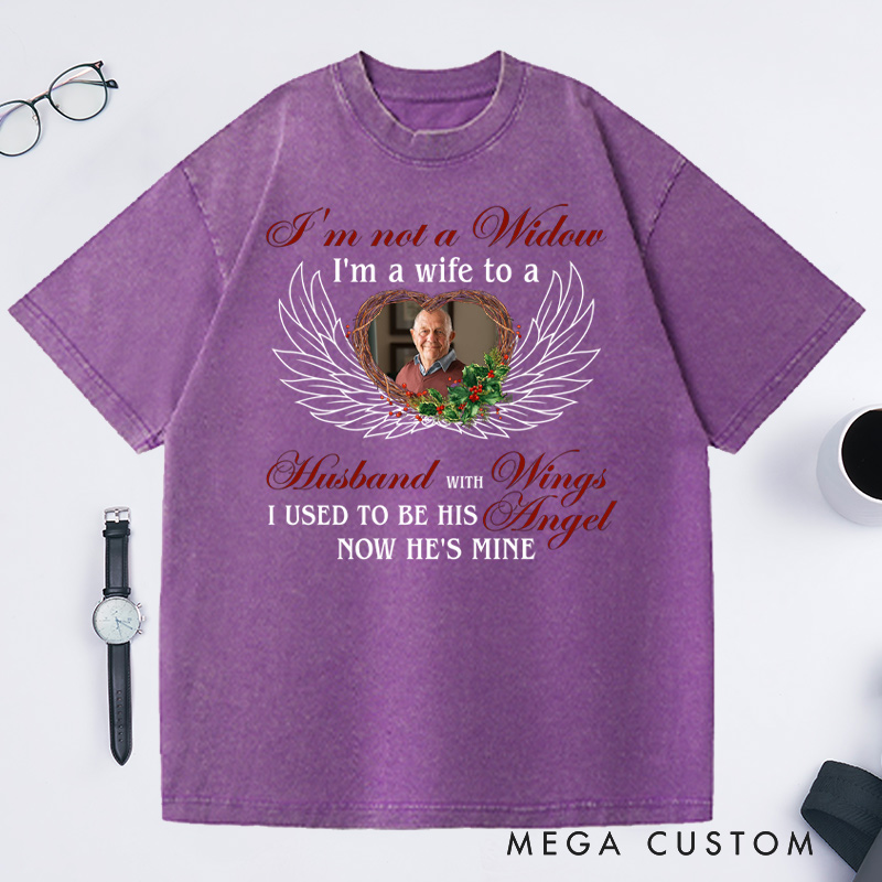 Personalized Memorial Photo Washed T-Shirt I'm A Wife To A Husband With Wings Shirt Condolence Gift