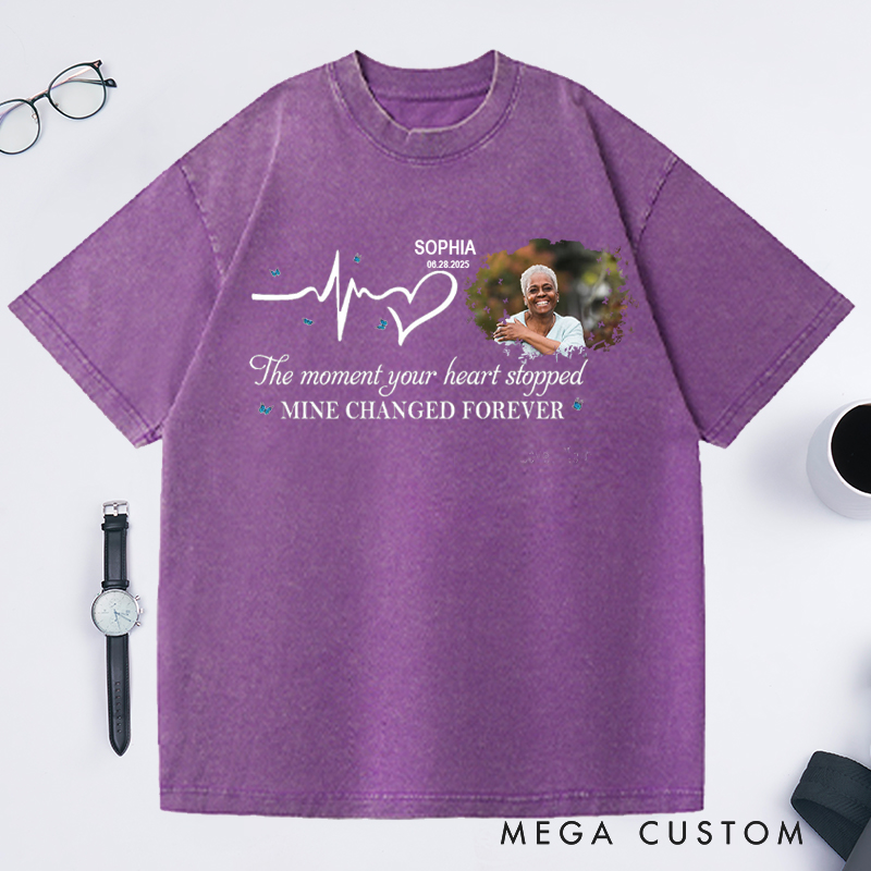 Personalized Memorial Washed T-Shirt Bereavement Shirt Photo Shirt Memorial Day Shirt Moment Your Heart Stopped Mine Changed Shirt