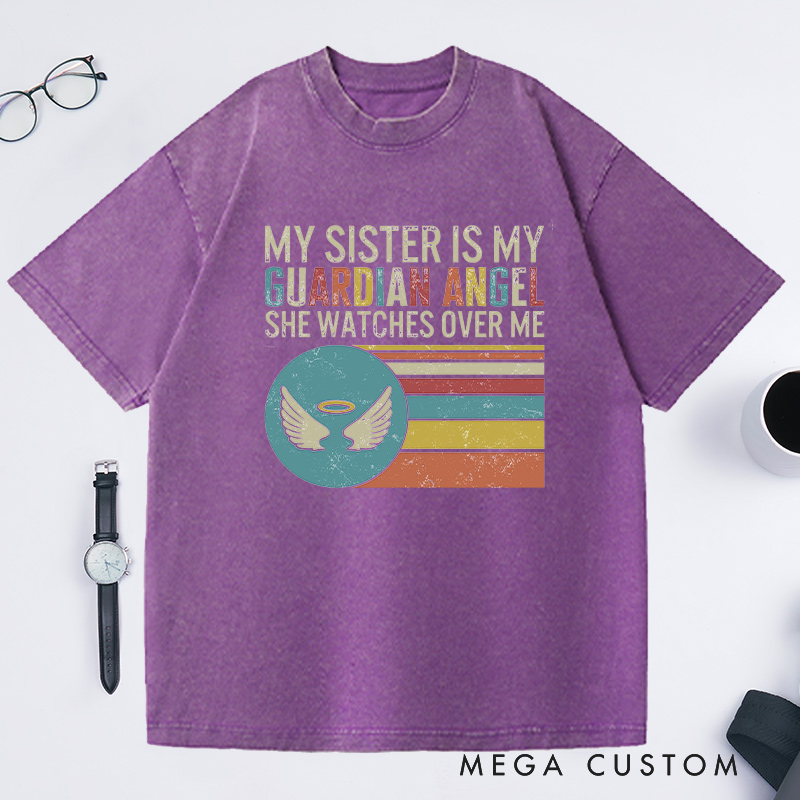 Personalized Sister Memorial Washed T-Shirt Retro Stripes Guardian Angel Watches Over Sympathy Gift Loss of Sister