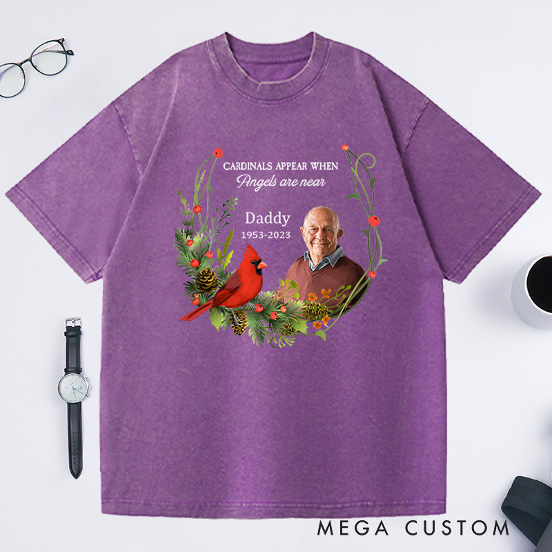 Personalized In Memory Memorial  Washed T-Shirt Custom Photo Name Year Cardinal Keepsake Gift