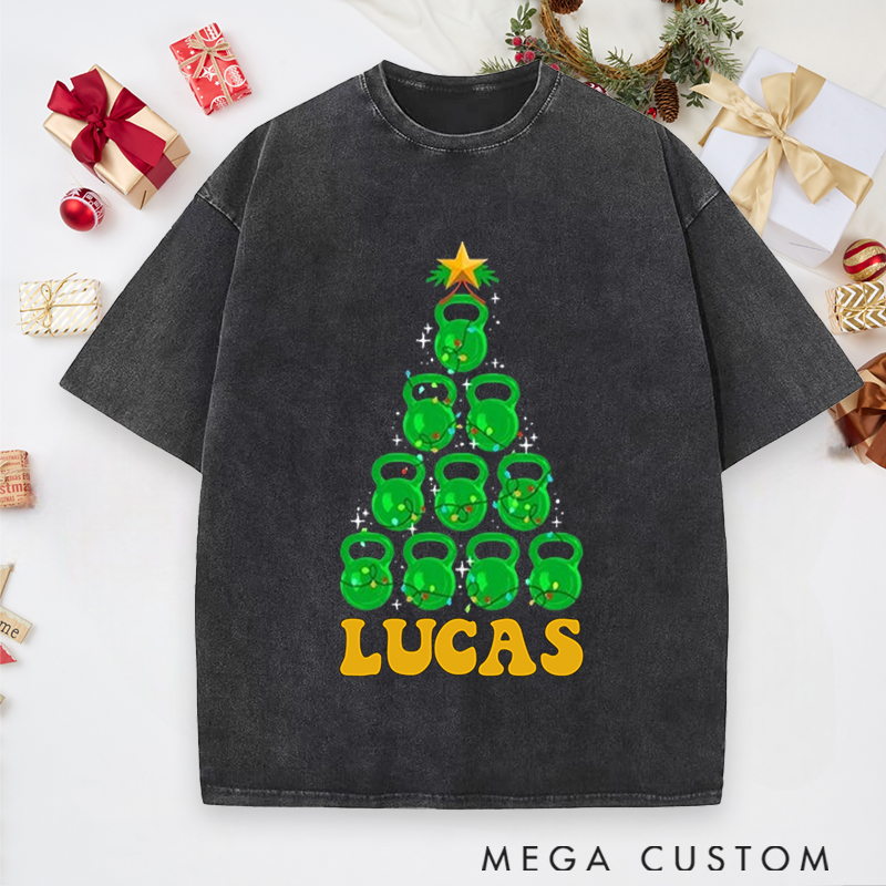 Personalized Gym Washed T-Shirts with Kettlebell Christmas Tree Fitness for Fitness Enthusiasts Bodybuilders and Gym Lovers