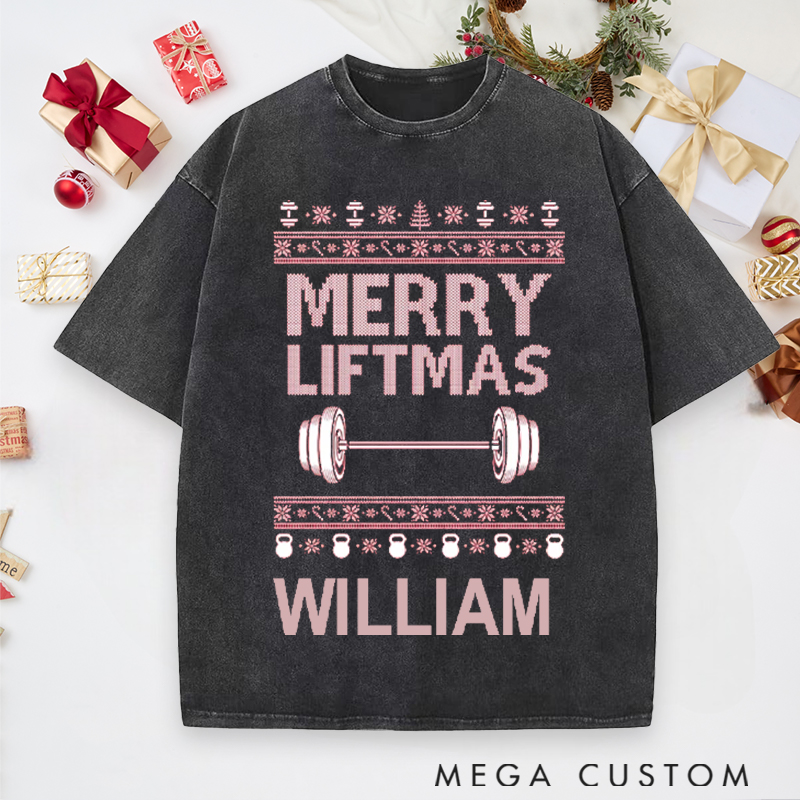 Personalized Gym Washed T-Shirts with Merry Liftmas Barbell and Kettlebell for Fitness Enthusiasts Bodybuilders and Gym Lovers