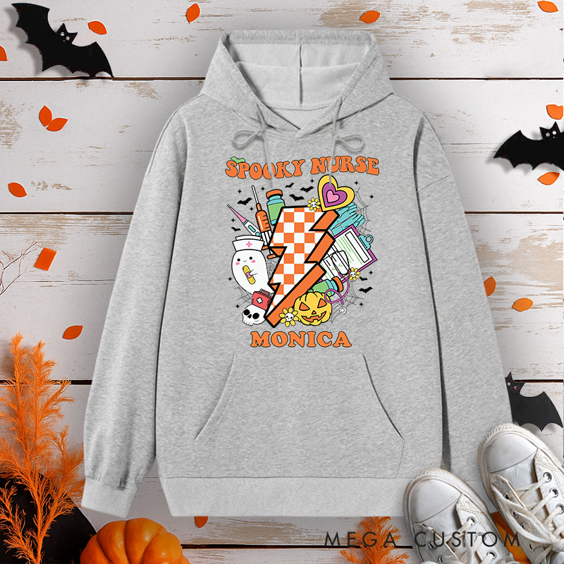 Personalized Hoodies for Nurse Customized Spooky Nurse Retro Collage Design Hoodies Halloween Nurse Hoodie