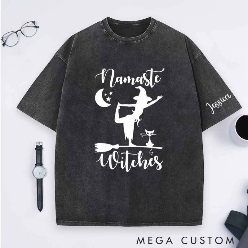 Personalized Namaste Witches Washed T-Shirt with Halloween Theme and Witch Yoga Design Perfect Gift for Yoga Lover and Halloween