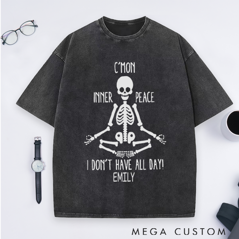 Personalized Skeleton Meditation Washed T-Shirt with Funny Inner Peace Design Perfect Gift for Yoga Lover and Daily Wear