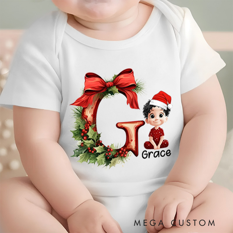 Personalized Cartoon Character Holly Bow Initial Bodysuit with Name Christmas Party Gift for Baby