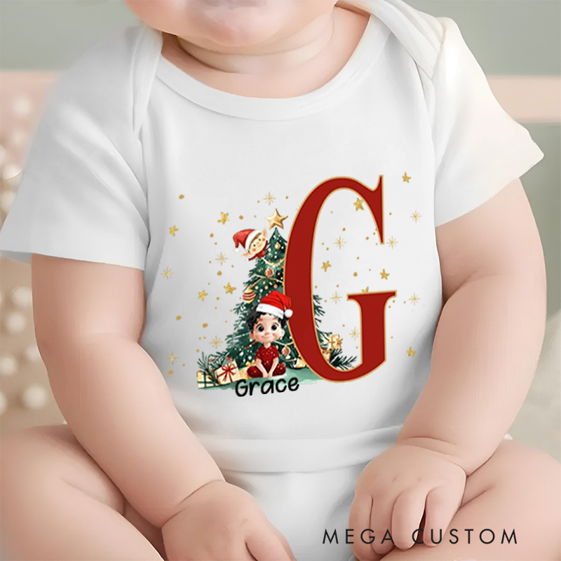 Personalized Cartoon Character Holly Bow Initial Bodysuit with Name Christmas Party Gifts for Baby
