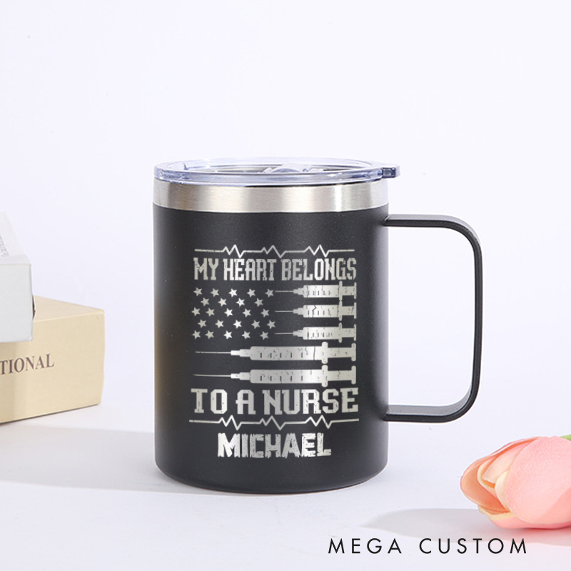 Personalized Laser Engraved Coffee Mug Custom My Heart Belongs to a Nurse Design Coffee Mugs Insulated Stainless Steel Mugs