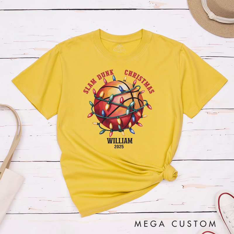 Personalized Christmas Basketball T-Shirt with Custom Name, Year, and Festive Holiday Lights Design