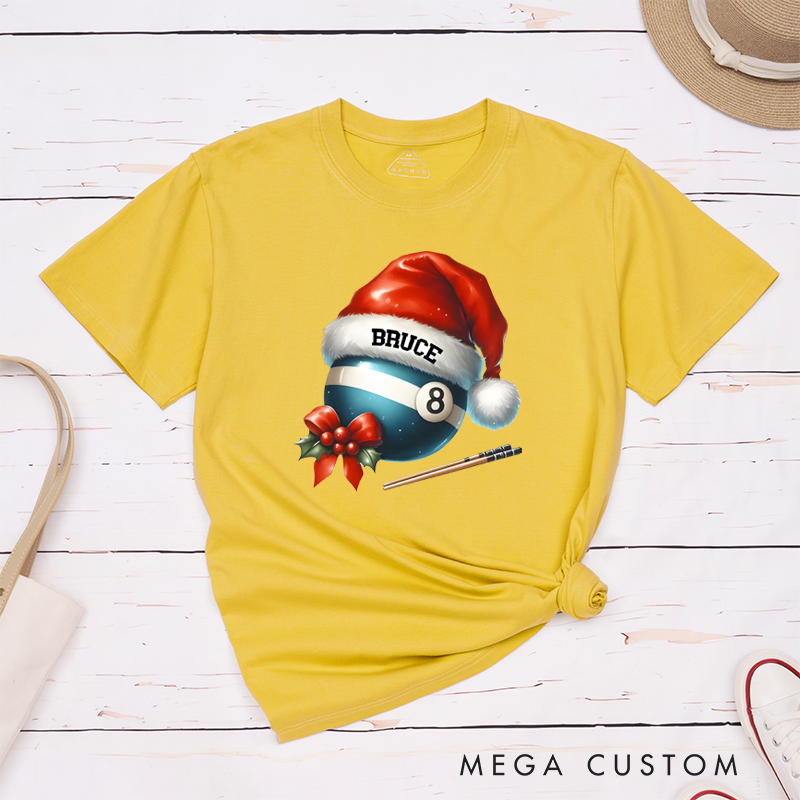 Personalized Christmas Billiards T-Shirt with Custom Name, Santa Hat, and Festive Design