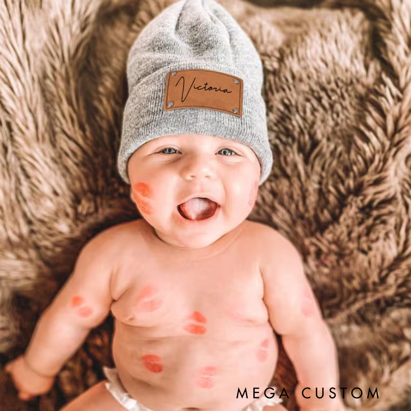 Personalized Leather Name Patch Beanie Birthday Gift