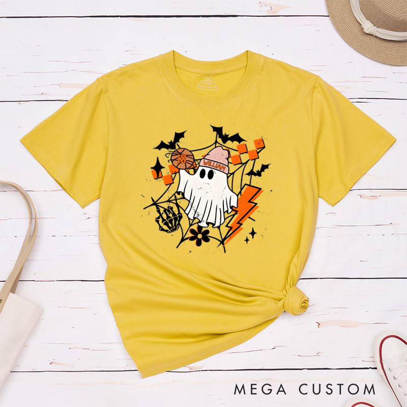Personalized Halloween T-Shirt with Ghost, Basketball, Custom Name, and Number Design