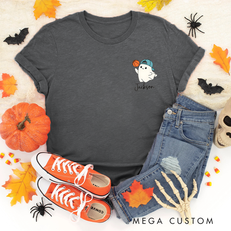 Personalized Halloween T-Shirt with Cute Ghost, Basketball, and Custom Name Design