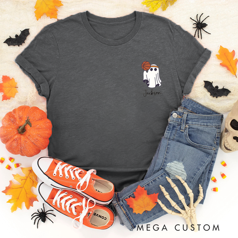 Personalized Halloween T-Shirt with Ghost, Basketball, and Custom Name Design