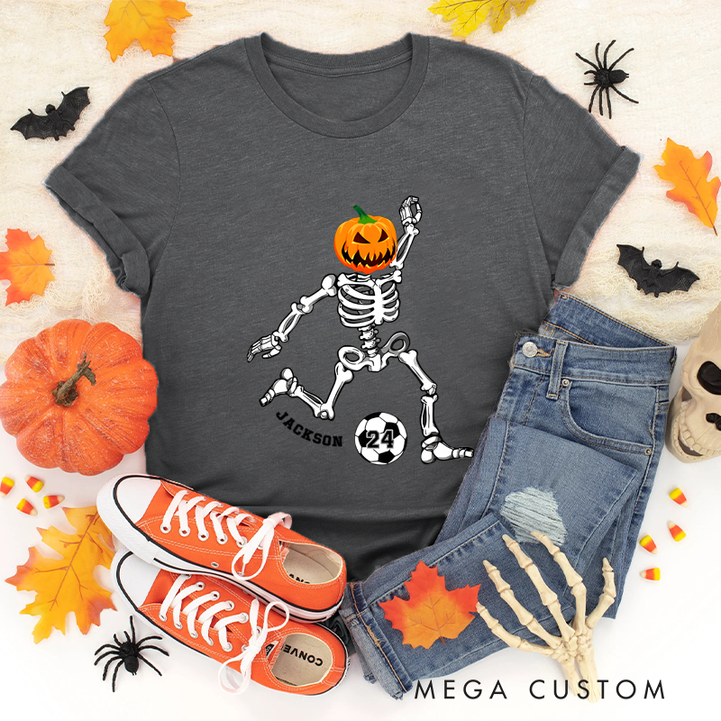 Personalized Halloween T-Shirt with Skeleton, Pumpkin Head, Soccer Ball, Custom Name, and Number Design