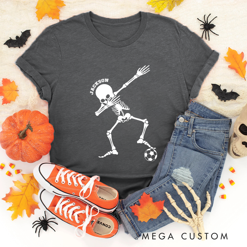 Personalized Halloween T-Shirt with Dabbing Skeleton, Soccer Ball, and Custom Name Design