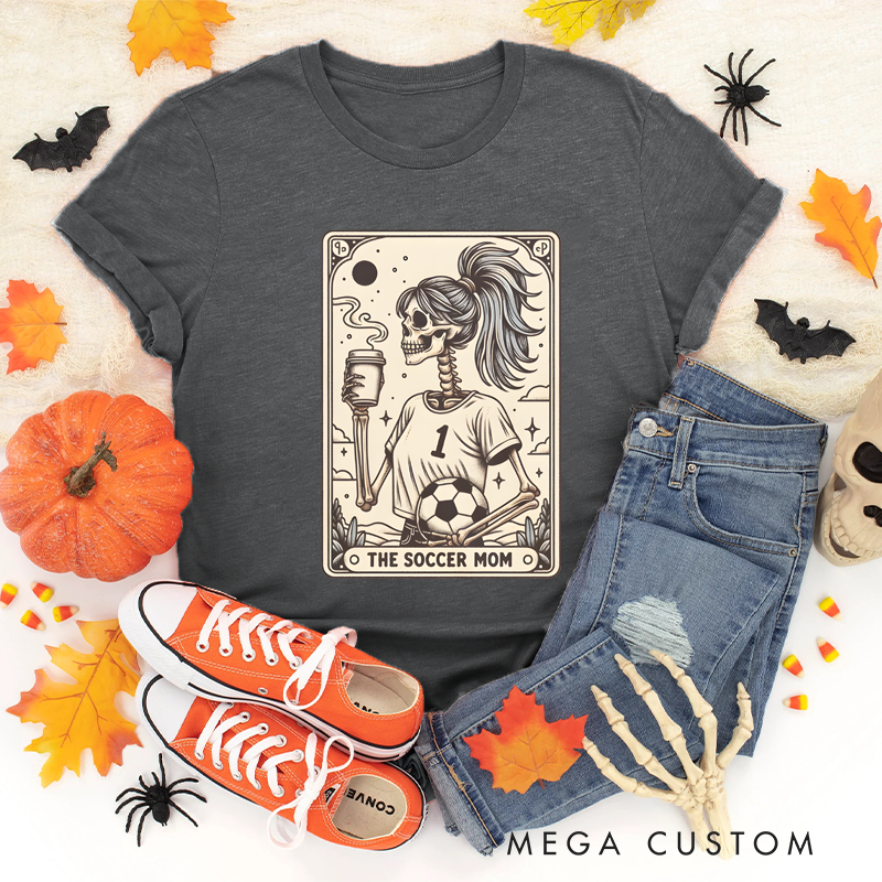 Personalized "The Soccer Mom" Halloween T-Shirt with Skeleton Tarot Card Design and Custom Number