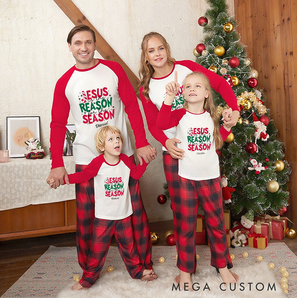 Personalized Jesus Is the Reason for the Season Christmas Family Matching Long Sleeve Pajama with Name Religious Gift for Christians Christmas Gift