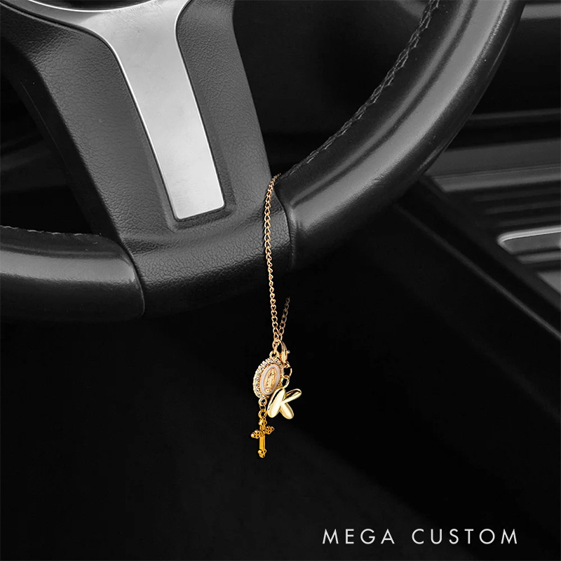 Personalized Zircon Virgin Mary and Cross Steering Wheel Rosary Charm with Bubble Initial Car Decor Prayer Safety Birthday Gift for Drivers Christians
