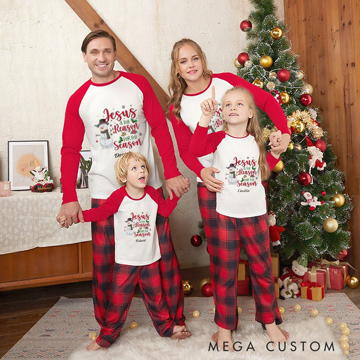 Personalized Snowman Jesus is the Reason for the Season Long Sleeve Family Pajama Matching Set with Name Religious Gift Christmas Gift for Family