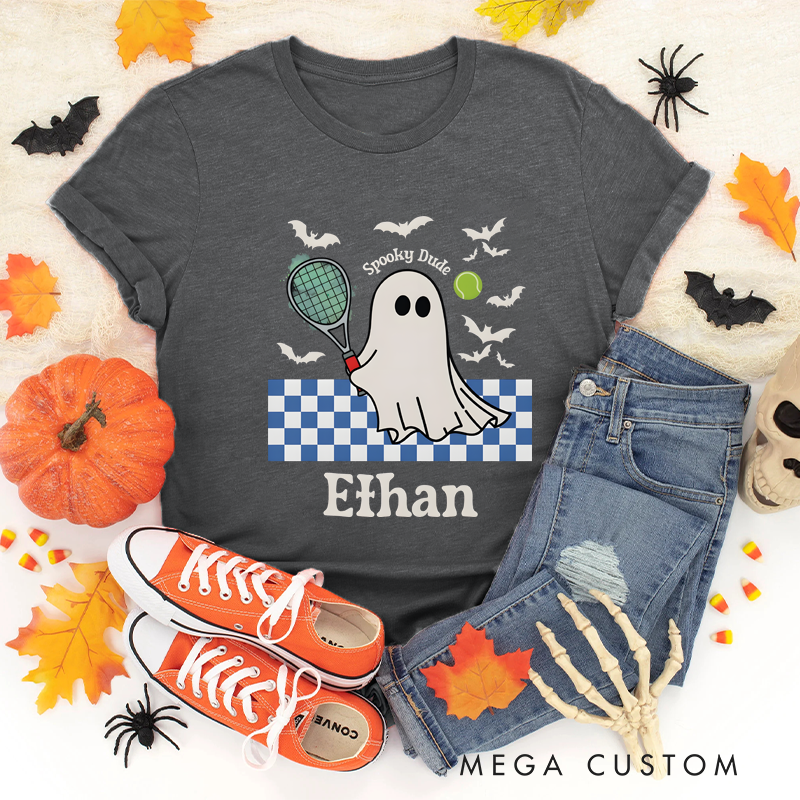 Personalized "Spooky Dude" Halloween T-Shirt with Ghost Tennis Design and Custom Name