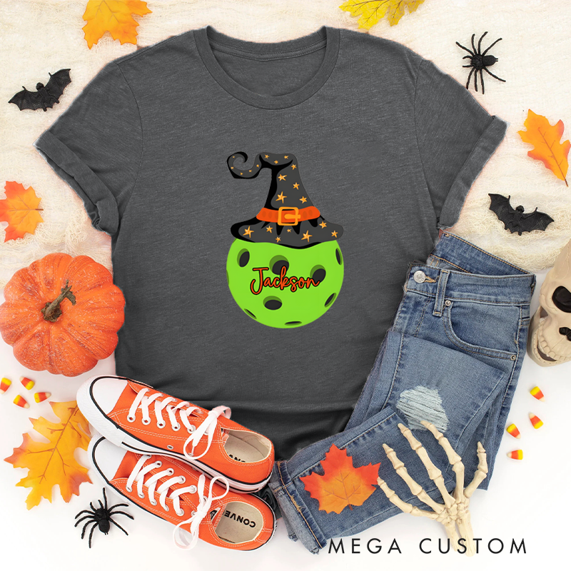 Personalized Halloween Pickleball T-Shirt with Witch Hat and Custom Name on Spooky Ball Design