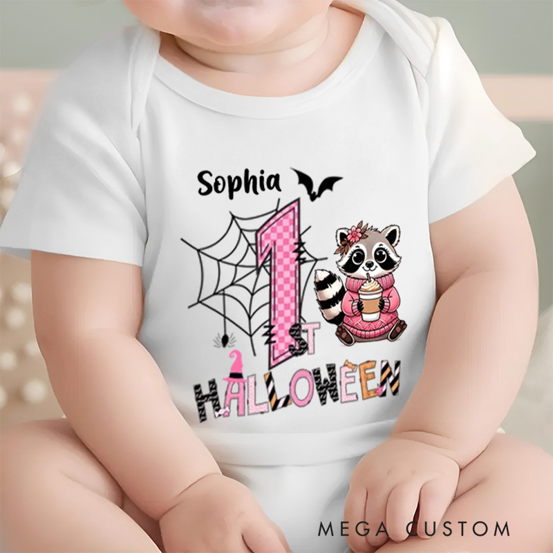 Personalized Cute Peter Rabbit Ghost Raccoon Halloween Elements Baby Bodysuit with Name First Halloween Gift for Newborn