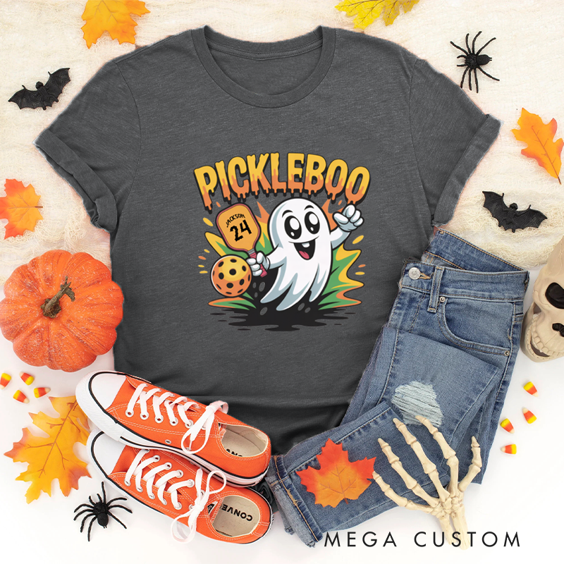 Personalized "Pickleboo" Halloween Pickleball T-Shirt with Customizable Name, Number, and Cute Ghost Design