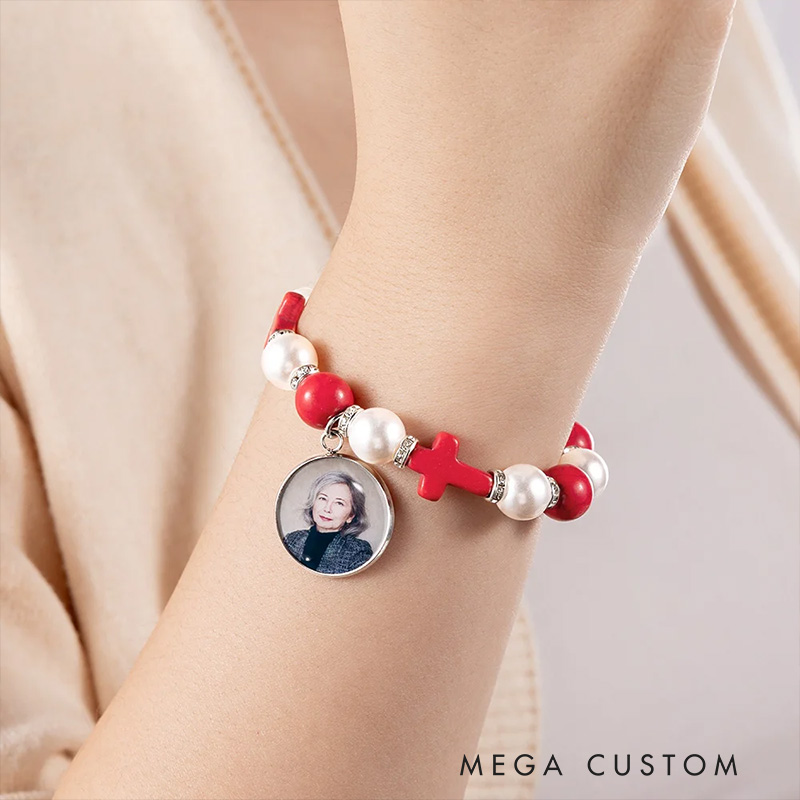 Personalized Cross Elastic Cord Commemorative Bracelet with Photo Religious Christmas Gift for Christian