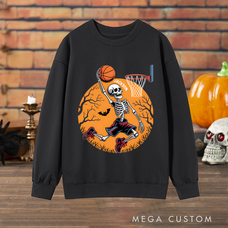 Personalized Halloween Basketball Sweatshirt with Skeleton Dunking Design and Custom Name
