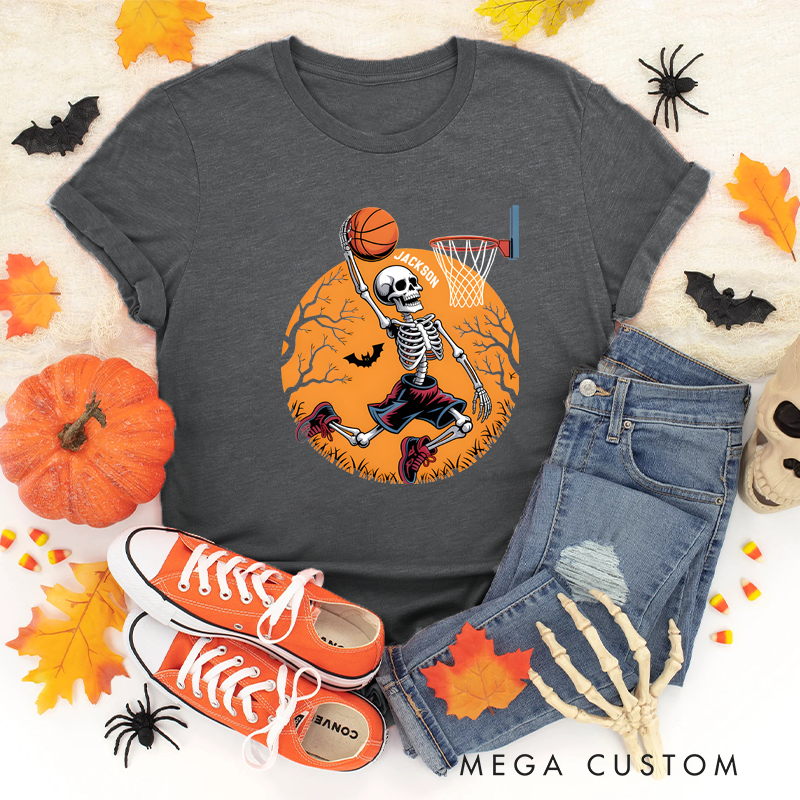 Personalized Halloween Basketball T-Shirt with Skeleton Dunking Design and Custom Name