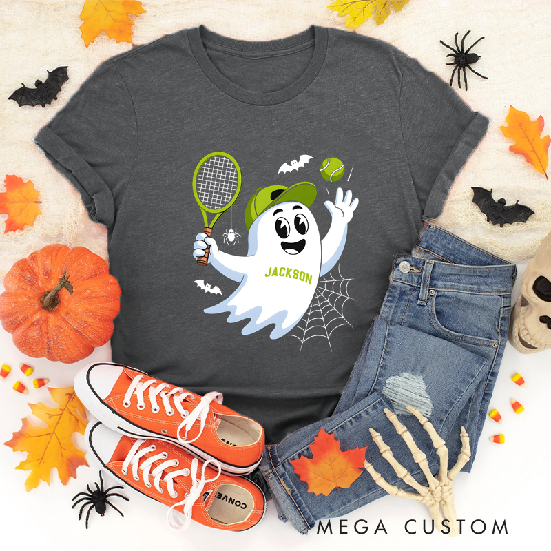 Personalized Halloween Tennis T-Shirt with Cute Ghost and Custom Name Design