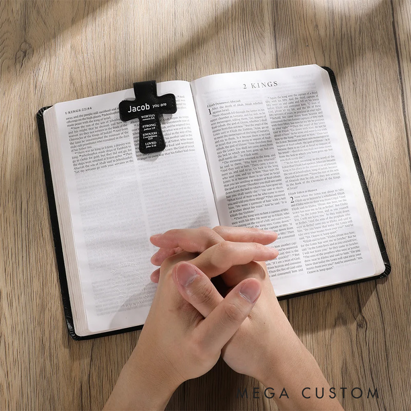 Personalized Inspirational Bible Verses Cross PU Leather Magnetic Bookmark Clip First Communion Baptism Back to School Gift for Christians Bookworms
