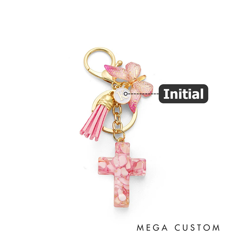 Personalized Gradient Butterfly Cross Charm Keychain with Initial and Tassel Prayer Religious Birthday Gift for Women Christian