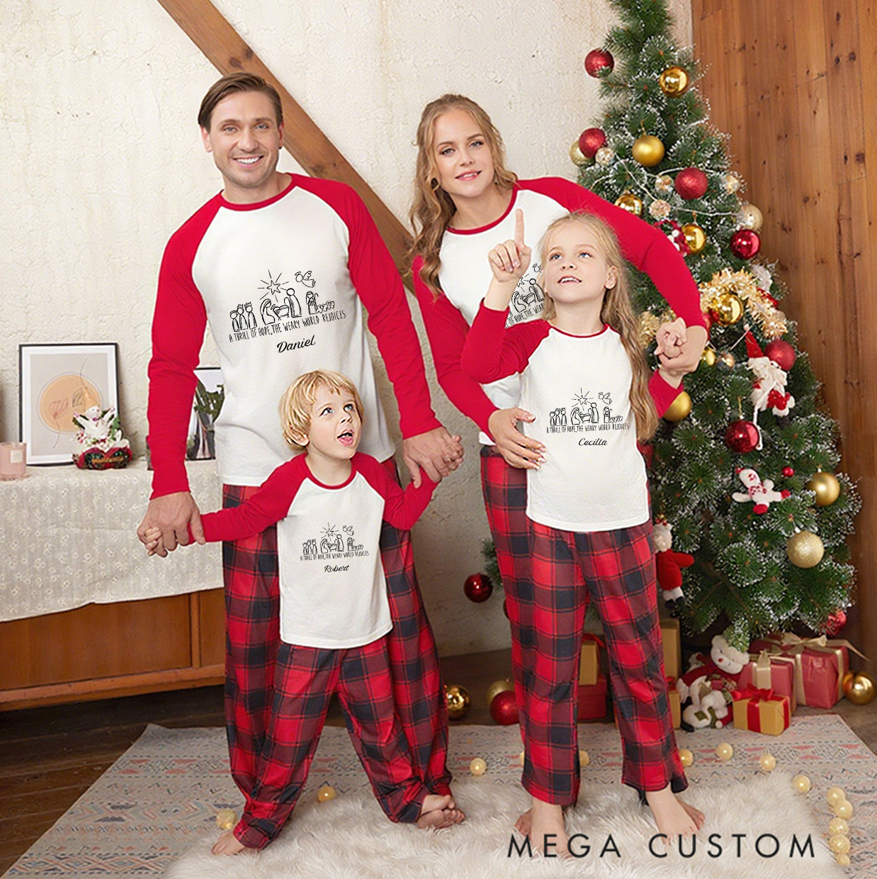 Personalized a Thrill of Hope the Weary World Rejoices Long Sleeve Family Pajama Matching Set with Name Religious Gift Christmas Gift for Family